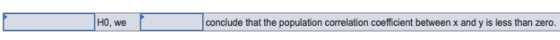 conclude that the population correlation coefficient between x and y is less than zero. Ho, we