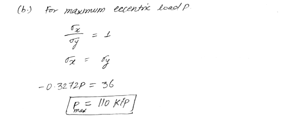 (b.) for maxmum eecentnc loaol p 36 -0.3272P 11o Kip