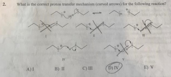 What is the correct proton transfer mechanism (curved arrows) for the following reaction? 2. S OH IV E) V D) IV C)III B) II A