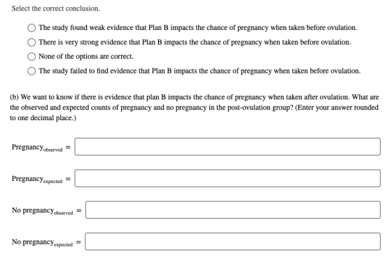 Select the correct conclusion. The study found weak evidence that Plan B impacts the chance of pregnancy when taken before ov