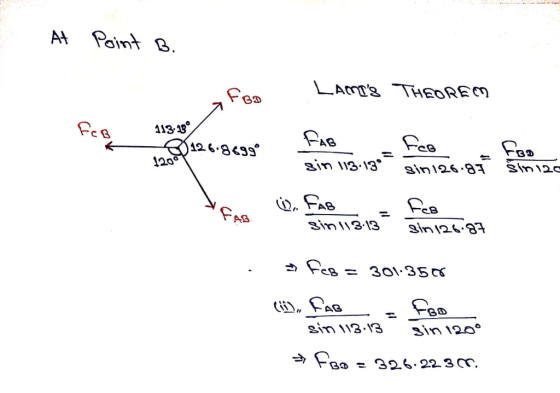 A Point B LAMT3 THORE 1200 ain l13-13 EB.9714S FAB FAB sinl13 13 B.9tiu FeB = 301.350 sin 113.13 sin 120° 326.223T,
