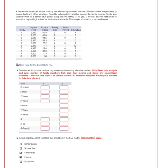 A real estate developer wishes to study the relationship between the size of home a client will purchase (in square feet) and