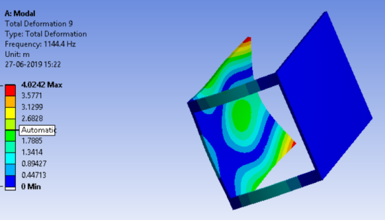 A: Modal Total Deformation 9 Type: Total Deformation Frequency: 1144.4 Hz Unit: m 27-06-2019 15:22 4.0242 Max 3.5771 3.1299 2