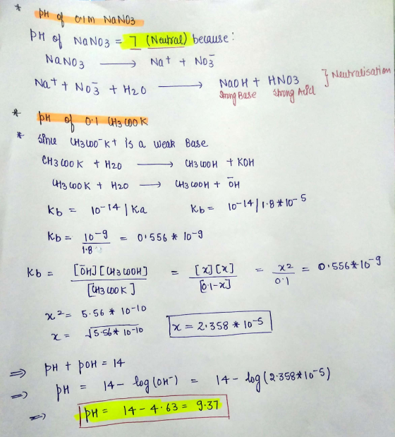 N03 7 (Neutral) because : NT No3 H26 rng Base ng Ad 1.8 o1-J (or) -14-log (2.358치0-5) pH = 14-long )