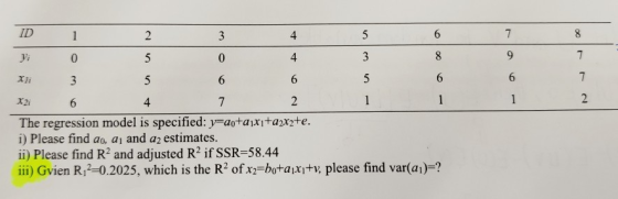 ID 7 5 2 4 1 3 7 3 5 4 yi 0 7 6 5 6 XIi 5 6 2 1 1 2 7 X2i 4 6 The regression model is specified: y-aotaixi+ax2+e. i) Please f