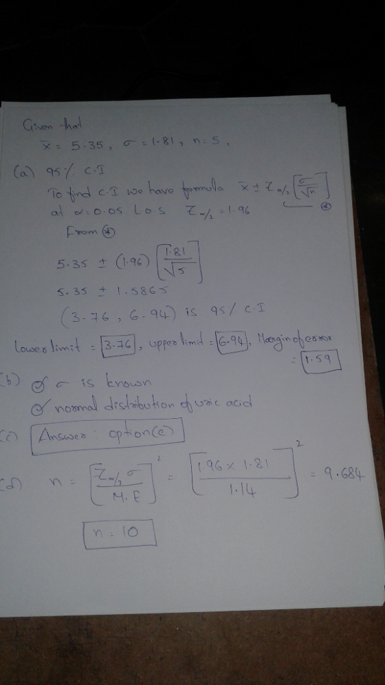 Given thart X 5.35, .8,n 5, To tind c oe have 7 2 F at d0.0s Los 181 (1.96) 5-35 t S.35 +.586S 3.76, 6.94) is 95/ c-T -31, up