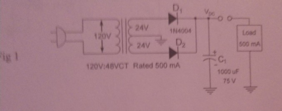 0H 24V 1N4004 Load 120V 500 mA 24V ig 1 C1 120V:48VCT Rated 500 mA 1000 uF 75 V