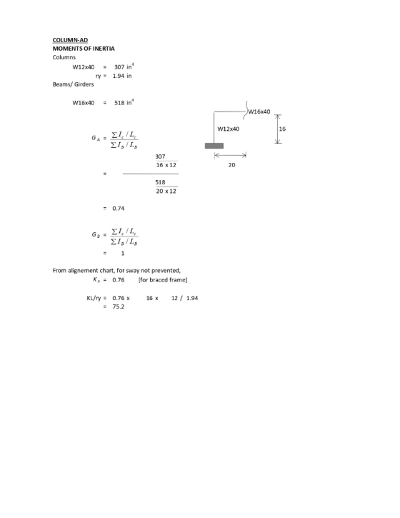 COLUMN-AD MOMENTS OF INERTIA Columns w12x40 307 in ry = 1.94 in Beams/ Girders W16x40 518 in W16x40 16 W12x40 307 16 x 12 20