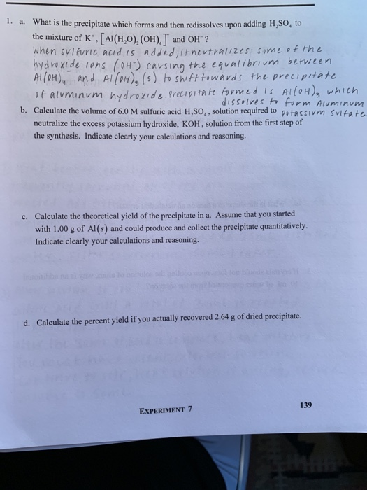 1、 What is the precipitate which forms and then redissolves upon adding H2S), to the mixture of K , [Al (H2O), (OHAT and OH