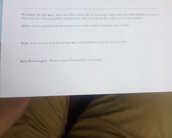Problem 10 (10 pts) Alice and Bob would like to exchange a key using the Diffie-Hellman protocol that uses the following publ