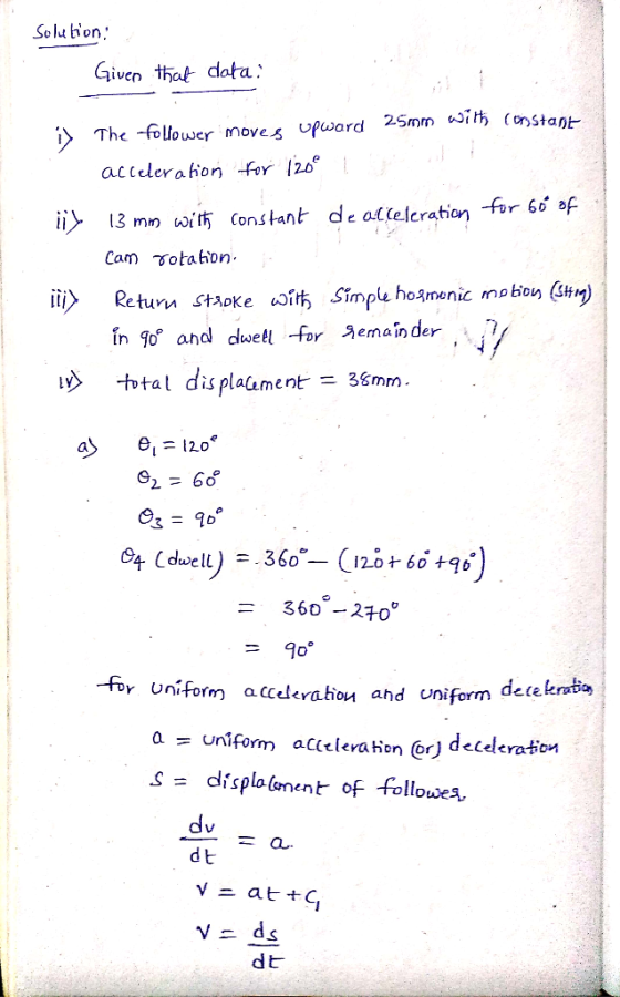 Solu bion Given that data The -follower moves upward 25mm with (orstant accelerahon fer 120 13 mm with Constant de allelerati