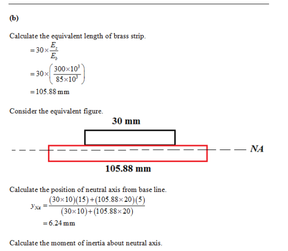 Calculate the equivalent length of brass strip. -30 E, = 30%1 300x103 85x10 -105.88 mm Consider the equivalent figure 30 mm N