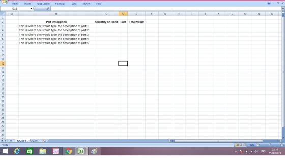 Formulas Review View Data Page Layout Insert Home D12 B A 1 Quantity on Hand Cost Total Value Part Description 2. This is whe