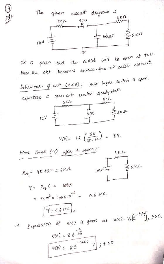 gven cheuifdiagri 3に It i 9ven tha th utch wl he open at to Nos th ckt becomes douace tree 1 esitch open ckt untx steady stal