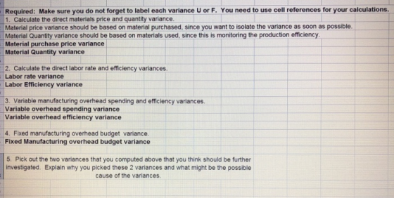 Required: Make sure you do not forget to label each variance U or F. You need to use cell references for your calculations 1.
