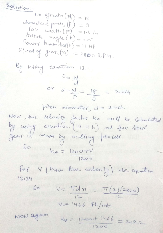 Soluhon :- face width (F) =h5ún gun(n)-ユgoo p.pm. Cavstion 13. Speed P- N PHA diameter, d= 2nd. So 13:34 ㅠ (2) (2400) 12- ft/