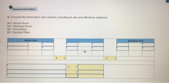 Required information 2. Compute the direct labor cost variance, including its rate and efficiency variances. AH-Actual Hours