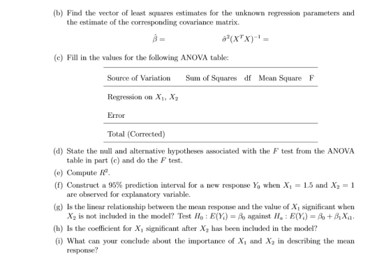 (b) Find the vector of least squares estimates for the unknown regression parameters and the estimate of the corresponding co