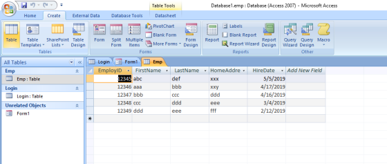 Databasel.emp: Database (Access 2007) Microsoft Access Table Tools Home CreateExternal Data Database Tools Datasheet PivotCha