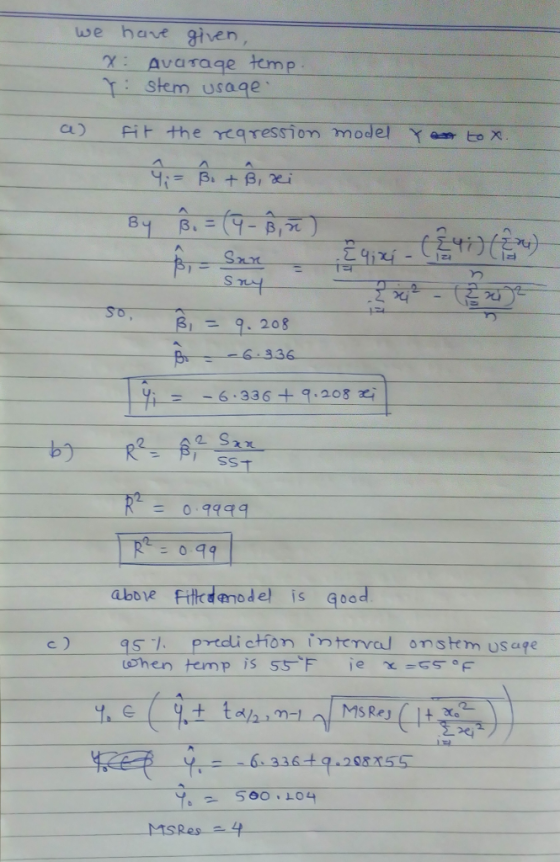 we have g given χ : Avarage temp rskem usage a) Fit the regression model tear tox. Cu) So 39208 -6 336 Br -6-336 ± 9:208 xi S