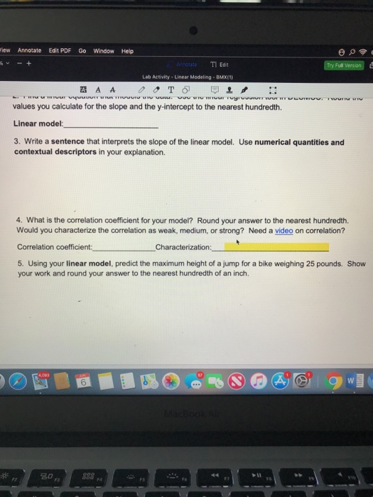 iew Annotate Edit PDF Go Window Help TI Edit Annotate Try Full Version Lab Activity Linear Modeling BMX(1) A A TO rwurn une v