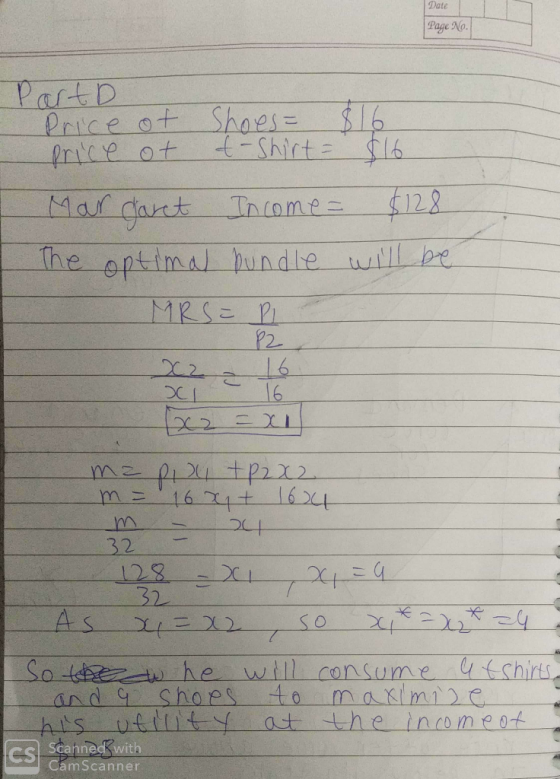 Date Page No. Part D Price ot Shaes frice ot $16 -Shirt 16 Mar dart Tncome The optimal hundle will be MRSE X2 16 16 O+ 32 128