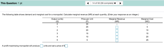This Question: 1 pt 14 of 50 (36 complete) The following table shows demand and marginal cost for a monopolist. Calculate mar