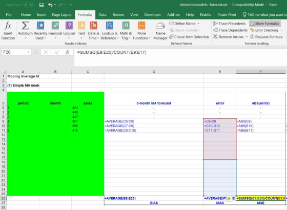 AutoSave Off timeseriesmodels- forecastxls Compatibility Mode Excel File Home Insert Page Layout Formulas Data Review View De