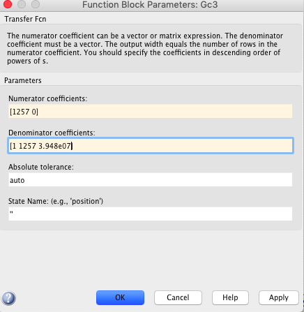 Function Block Parameters: Gc3 Transfer Fcn The numerator coefficient can be a vector or matrix expression. The denominator c