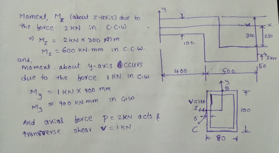 Moment, M (about z-axis) due to the bovce C.C.W 2 KN In 300 250 Mz = 2 KN X 300 mm 600 KN mm jnccw MZ and, Moment about 4-axi
