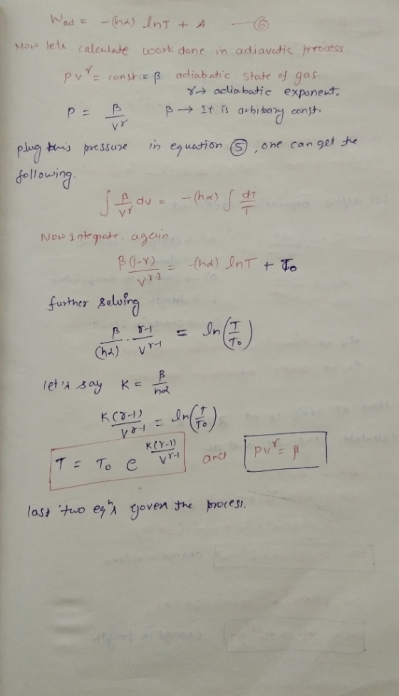 ous lela calculade oork done in adiavdic Intocese pun (on Sh.. β adiab ot.c state of gas. ,n e? uation (5) , one can get大 plu