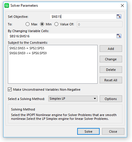 Solver Parameters X Set Objective: SNS15 To: Max Min Value Of: By Changing Variable Cells: SBS16:SM$16 Subject to the Constra
