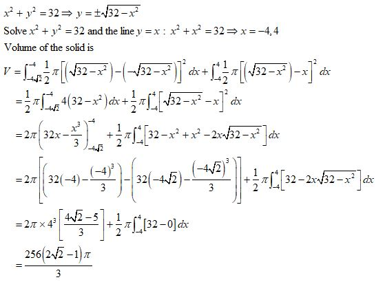 x=-4,4 Solve x2 +3,2=32 and the line y =x:x2 +x2=32 Volume of the solid is A2 2 32-42 = 2π|132(-4)-- 256(242-1) π