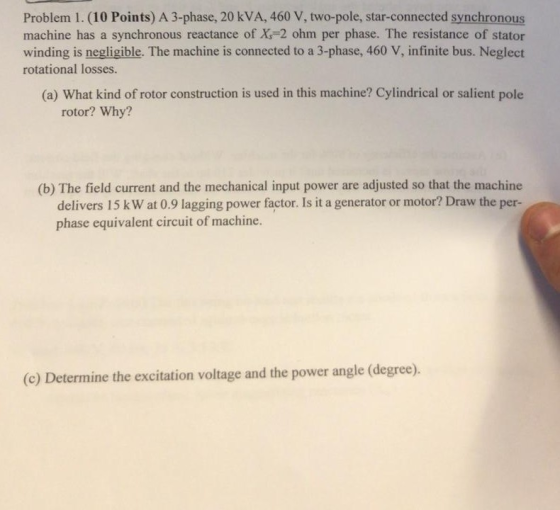Problem 1. (10 Points) A 3-phase, 20 kVA, 460 V, two-pole, star-connected synchronous machine has a synchronous reactance of