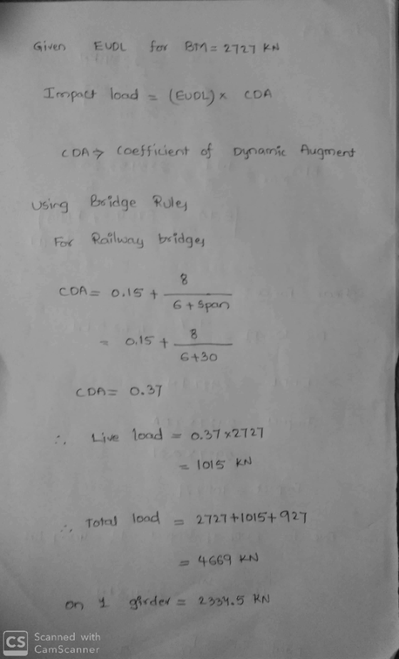 Given EuDL foretas 2727 kN cDAタcoefficient of Dynarne Augment using Br idge Rule For Ratlwny bridgey CDA-O.15+ 6 span G430 Li