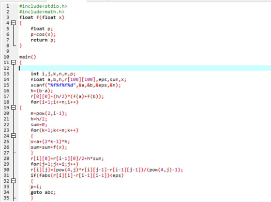#include<stdio . h> #include<math . h> float f(float x) 1 2 3 4 F float p p cos(x) return p 5 6 7 8 9 main( 10 11 12 int i,j,