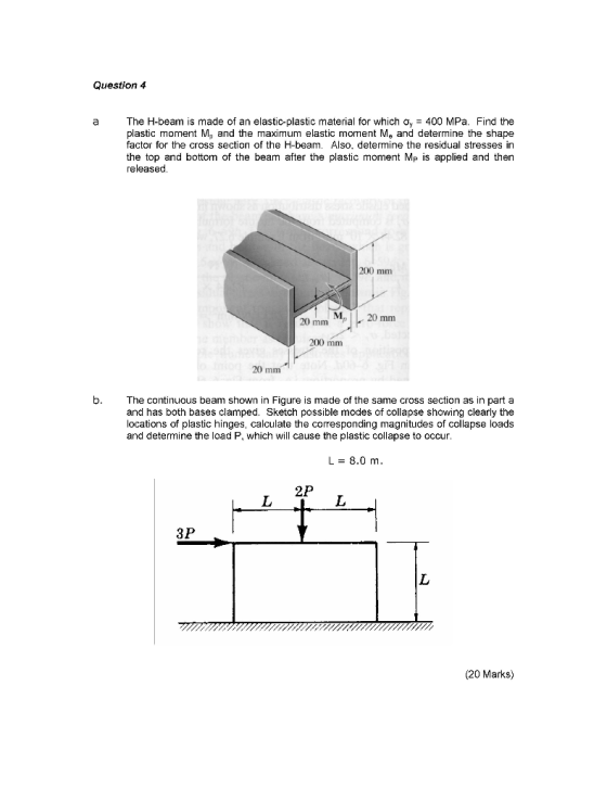 Question 4 a The H-beam is made of an elastic-plastic material for which oy 400 MPa. Find the plastic moment M, and the maxim