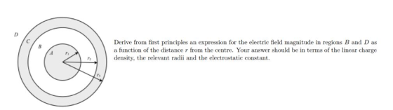 Derive from first principles an expression for the electric field magnitude in regions B and D as a function of the distance