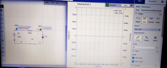 Item Document Interactive 1 Stopped Auto Name Interactive 1 1 Interactive simulation graph Type -PR1: V(2) Trigger PR2:-I(V1)