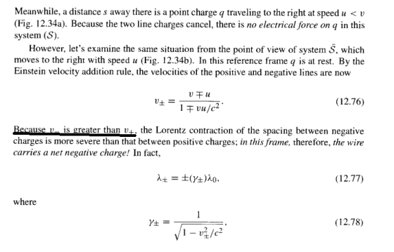 Meanwhile, a distance s away there is a point charge q traveling to the right at speed u u (Fig. 12.34a) Because the two line