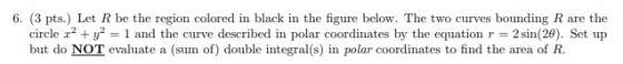 6. (3 pts.) Let R be the region colored in black in the figure below. The two curves bounding R are the circle 12 + y2-= 1 an