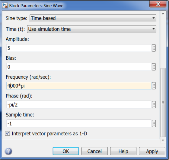 Block Parameters: Sine Wave Sine type: Time based Time (t): Use simulation time Amplitude: Bias: Frequency (rad/sec): 4000* p