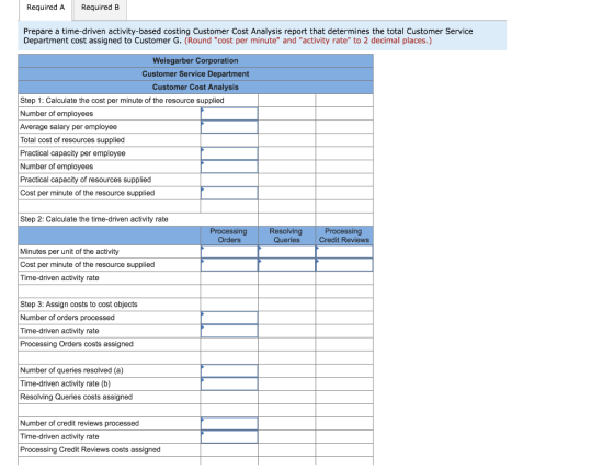 Required A Required B Prepare a time-driven activity-based costing Customer Cost Analysis report that determines the total Cu