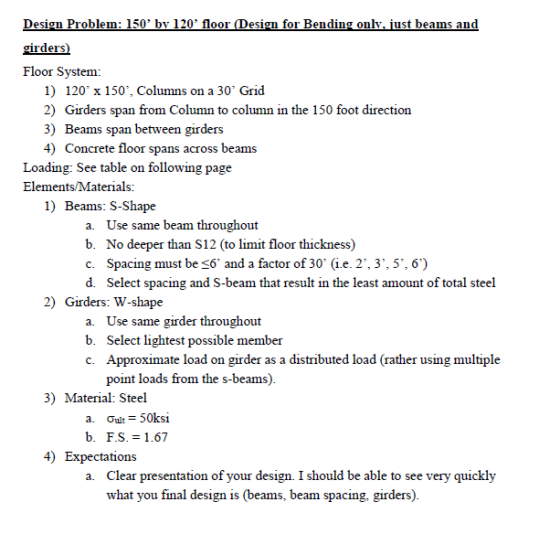 by 120 floor Design Problem: 150 girders Floor System: oor (Design for Bending onl nding only.ust beams and 120x 150, Colum