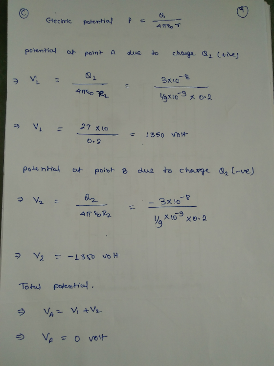 Clechric potentia P potential eoint A duefo ch ラV 27 ス10 F350 vol+ PoLe nHul 아 point 8 dnue to charge Q2(-ve)