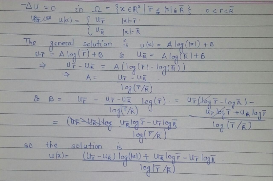 The general u (x)-A loa(1지) + B solution is A (lo (F)-log(R) ) ur-UR = so the solution is