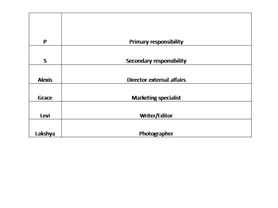 Primary responsibility Secondary responsibility Alexis Director external affairs Marketing specialist Grace Levi Writer/Edito