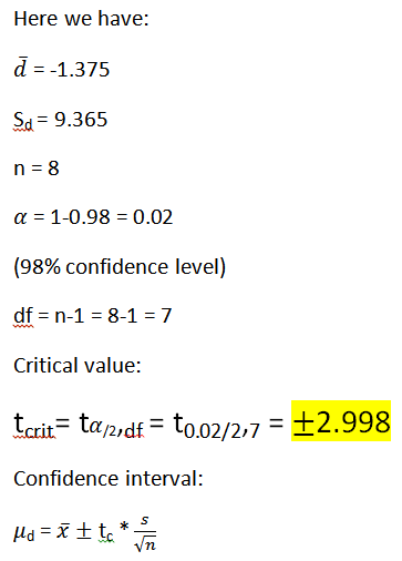Here we have: d -1.375 Sd 9.365 n 8 a 1-0.98 0.02 (98% confidence level) df n-1 8-1 = 7 Critical value: tcrit taid to.02/2,7