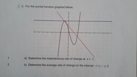 3. For the curved function graphed below a) Determine the instantaneous rate of change at x= -1. 1 2 b) Determine the average