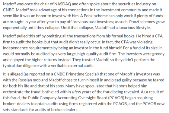 once the chair of NASDAQ and often spoke about the securities industry on Madoff was CNBC. Madoff took advantage of his conne